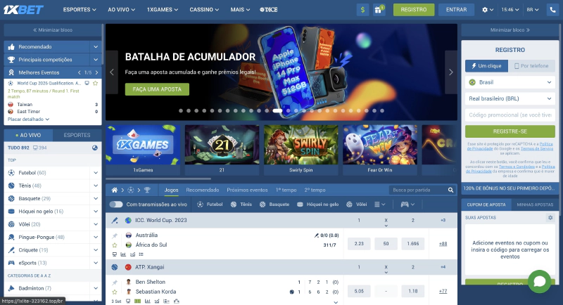 Tela inicial da casa de aposta 1xBet no Brasil: login, registro