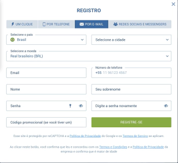 Formulário de registro por e-mail